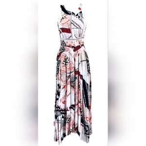 Abel the Label Geometric Orange Blue Halter Maxi Dress sz L